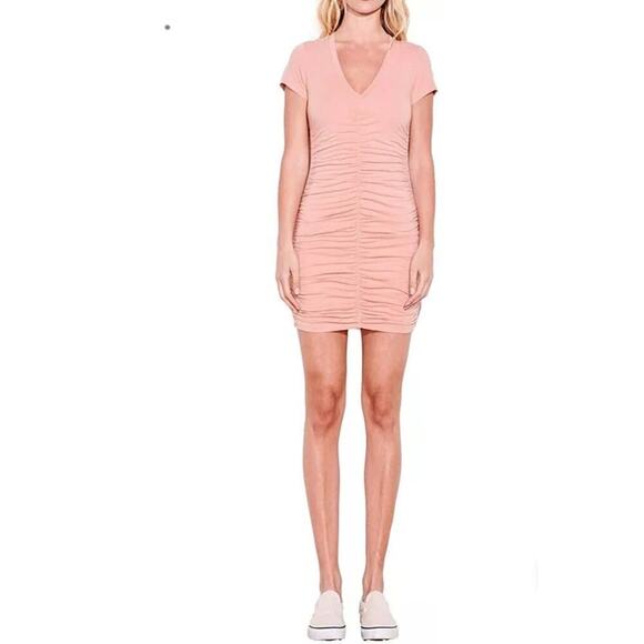 Sundry Women's V-Neck Short Sleeve Stretch Ruched Mini Dress Size XL Pink NWT - Picture 1 of 9